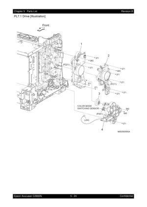 Page 5335 - 24 Chapter 5   Parts List
Epson AcuLaser C2900NRevision B
Confidential
PL7.1 Drive [Illustration]
MiS05009SA
ST1
SM3
ST1
ST1
ST1
SM3ST1
ST1
ST1
ST1 ST1
SM3SM2
ST1
1
3
(P221)
2
4
(J24)(P261)(P211)
COLOR MODE
SWITCHING SENSOR 