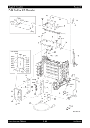 Page 5375 - 28 Chapter 5   Parts List
Epson AcuLaser C2900NRevision B
Confidential
PL8.2 Electrical (2/2) [Illustration]
MiS05011SA
SM2
SM2
SM2
SM2
SM2
SM3
SM3
ST1ST1
ST1ST1
ST1 ST1
ST2
ST1ST1SM5
ST1
ST3
ST3
ST1
ST1
ST1 SM2
ST1SM2
SM2
SM2
SM2
SM2
SM2
SM2
SM2
*: Not in used. 
ST1
ST1
SM2
(J48)
(P201) (P144) (P11)
(P42)
(P22)
(P21)
(P24)
(P26) (P15)
(P14)
(P17)
(P101)*
(P31)
(P19)
(P18)(P40)(P502)
(P504)
(P501)
(P41)
(P10)
(P23)
(P28)
(P20)
(P27)
(P47)
(P48)
1
2
35
6
7
89
2223
12
131415
16
17
18 19 21
(P44)...