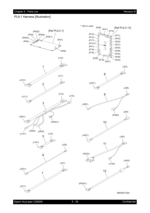 Page 5395 - 30 Chapter 5   Parts List
Epson AcuLaser C2900NRevision B
Confidential
PL9.1 Harness [Illustration]
MiS05012SA
1
2
8
9
10
11
127
3
5
6
(J10)
(J101)
(J21)
(J211)
(J40)
(J42)
(J403)
(J401)
(P422)
(J22)
(J26)
(J221)
(J261)
(P262)
(J144)
(J11)
( J 111 )(J15)(J14)
(J502) (J504)(P5041)
(J20)
(J201)
(J16)
(J161)
(J501)
(J141)
(P11)
(P42)
(P22)
(P21)
(P24)
(P26) (P15)
(P14)
(P17)
(P101)*
(P31)
(P19)
(P18)
(P16) (P40)
(P41)
(P10)
(P23)
(P28)
(P20)
(P29)
(P27)
[Ref PL8.2.1][Ref PL8.2.13]
(P5301) (P502)
(P504)...