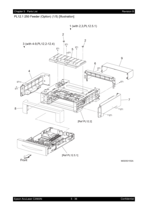 Page 5455 - 36 Chapter 5   Parts List
Epson AcuLaser C2900NRevision B
Confidential
PL12.1 250 Feeder (Option) (1/5) [Illustration]
MiS05015SA
ST1ST1 ST1
ST1ST1ST1
ST1
ST1
ST1 ST1
[Ref PL12.5.1][Ref PL12.2]
45
69
7
8
2
2
3 (with 4-9,PL12.2-12.4)
1 (with 2,3,PL12.5.1) 