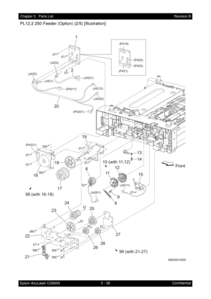 Page 5475 - 38 Chapter 5   Parts List
Epson AcuLaser C2900NRevision B
Confidential
PL12.2 250 Feeder (Option) (2/5) [Illustration]
MiS05016SA
ST1
ST1
ST1 ST1
ST1ST1
ST1
ST1
ST1
ST1 SM3
SM3
SM2
SM2
SM2 SM3ST1
ST1
E2
E2
E2
E2
E2
ST1
10 (with 11,12)
11
9
81213
14
15
23
21 2224
25
27
26
26
1
2
20
16
17 1819
6
(J4211) (P4211)
(P4201)(J4212)
(J4202)
(J4201) (J4221) (J422)
(P422)
(P421)(P420) (P419)
(J421) (J420)
(P4221)
98 (with 16-18)
99 (with 21-27) 