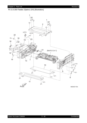 Page 5495 - 40 Chapter 5   Parts List
Epson AcuLaser C2900NRevision B
Confidential
PL12.3 250 Feeder (Option) (3/5) [Illustration]
MiS05017SA
ST1ST1ST1ST1
ST1ST1
ST1ST1 SM2
SM2
ST1ST1
ST1
ST1ST1
E2
ST1
ST1
ST1ST1ST1
ST1
ST1
ST1
ST1
ST1
(J419) (J273)
23 221
1
2
7 7
10 13 14 1516
17 18
11
[Ref PL12.4.1]
19
21
8
9 