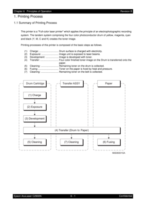 Page 5586 - 1 Chapter 6   Principles of Operation
Epson AcuLaser C2900NRevision B
Confidential
1. Printing Process
1.1 Summary of Printing Process
This printer is a Full-color laser printer which applies the principle of an electrophotographic recording 
system. The tandem system comprising the four color photoconductor drum of yellow, magenta, cyan 
and black (Y, M, C and K) creates the toner image.
Printing processes of this printer is composed of the basic steps as follows.
(1) Charge:...