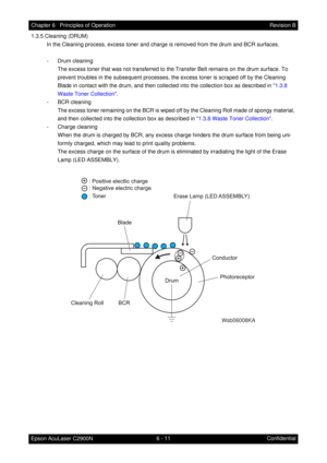 Page 5686 - 11 Chapter 6   Principles of Operation
Epson AcuLaser C2900NRevision B
Confidential 1.3.5 Cleaning (DRUM)
In the Cleaning process, excess toner and charge is removed from the drum and BCR surfaces.
- Drum cleaning
The excess toner that was not transferred to the Transfer Belt remains on the drum surface. To 
prevent troubles in the subsequent processes, the excess toner is scraped off by the Cleaning 
Blade in contact with the drum, and then collected into the collection box as described in 1.3.8...