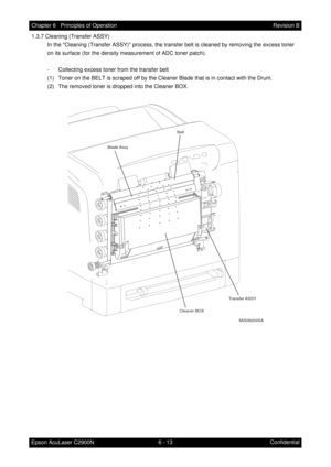 Page 5706 - 13 Chapter 6   Principles of Operation
Epson AcuLaser C2900NRevision B
Confidential 1.3.7 Cleaning (Transfer ASSY)
In the Cleaning (Transfer ASSY) process, the transfer belt is cleaned by removing the excess toner 
on its surface (for the density measurement of ADC toner patch).
- Collecting excess toner from the transfer belt
(1) Toner on the BELT is scraped off by the Cleaner Blade that is in contact with the Drum.
(2) The removed toner is dropped into the Cleaner BOX.
Belt
Transfer ASSY 
Cleaner...