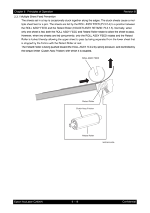 Page 5756 - 18 Chapter 6   Principles of Operation
Epson AcuLaser C2900NRevision B
Confidential 2.3.1 Multiple Sheet Feed Prevention
The sheets set in a tray is occasionally stuck together along the edges. The stuck sheets cause a mul-
tiple sheet feed or a jam. The sheets are fed by the ROLL ASSY FEED (PL3.2.4) to a position between 
the ROLL ASSY FEED and the Retard Roller (HOLDER ASSY RETARD: PL2.1.5). Normally, when 
only one sheet is fed, both the ROLL ASSY FEED and Retard Roller rotate to allow the sheet...