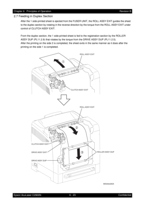 Page 5806 - 23 Chapter 6   Principles of Operation
Epson AcuLaser C2900NRevision B
Confidential
2.7 Feeding in Duplex Section
After the 1 side-printed sheet is ejected from the FUSER UNIT, the ROLL ASSY EXIT guides the sheet 
to the duplex section by rotating in the reverse direction by the torque from the ROLL ASSY EXIT under 
control of CLUTCH ASSY EXIT.
From the duplex section, the 1 side-printed sheet is fed to the registration section by the ROLLER 
ASSY DUP (PL11.2.9) that rotates by the torque from the...