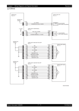 Page 6427 - 11 Chapter 7   Wiring Diagrams and Signal Information
Epson AcuLaser C2900NRevision B
Confidential
§ 3 DRIVE
SG
PWBA MCU
PL8.2.13DRIVE ASSY PH
PL7.1.4
DRIVE ASSY MAIN
PL7.1.2
DRIVE ASSY SUB
PL7.1.1
1
2
4
5
6 3
8
9 7
P/J22 P/J24P/J221
9
8
7
6
5
4
3
2
1
I/L +24VDC
SG
I/L +24VDC
SG
SUB MOTO ON
SUB MOT ALARM
SUB MOT CLK
SUB MOT LOW
M
SG
1
2
4
5
6 3
8
9 7P/J21P/J211
9
8
7
6
5
4
3
2
1
I/L +24VDC
SG
I/L +24VDC
SG
MAIN MOT ON
MAIN MOT ALARM
MAIN MOT CLK
MAIN MOT LOW
M
MOG07004KB INTERLOCK
+24VDC
INTERLOCK...