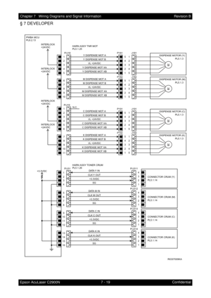 Page 6507 - 19 Chapter 7   Wiring Diagrams and Signal Information
Epson AcuLaser C2900NRevision B
Confidential
§ 7 DEVELOPER
PWBA MCU
PL8.2.13
1
3
4
5 2P/J18
P181
5
4
3
2
1J181
1
2
3
4
5
DISPENSE MOTOR (Y)
PL5.1.3Y DISPENSE MOT A
Y DISPENSE MOT B
I/L +24VDC
Y DISPENSE MOT XA
Y DISPENSE MOT XB
M DISPENSE MOT A
M DISPENSE MOT B
I/L +24VDC
M DISPENSE MOT XA
M DISPENSE MOT XB
C DISPENSE MOT A
C DISPENSE MOT B
I/L +24VDC
C DISPENSE MOT XA
C DISPENSE MOT XB
K DISPENSE MOT A
K DISPENSE MOT B
I/L +24VDC
K DISPENSE MOT...