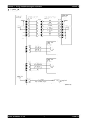 Page 6587 - 27 Chapter 7   Wiring Diagrams and Signal Information
Epson AcuLaser C2900NRevision B
Confidential
§ 11 DUPLEX
PWBA MCU
PL8.2.13
P/J27
B1
B2
B3
B4
B5
B6
B7
B8
B9P/J272HARN ASSY DUP RELAY
PL1.2.13 HARNESS ASSY DUP
PL11.1.14
Txd
Rxd Rxd
DUP-HOT
+3.3VDC
SG
I/L +24VDC
I/L +24VDC
SG
SG P/J601
9 10
8
7
6
5
4
3
2 10
9
8
7
6
5
4
3
21
2
3
4
5
6
7
8
9
P/J604
PWBA DUP
PL11.1.16
P/J602
4
3
2
1
DRIVE ASSY
EXIT
PL11.2.2
DUP UP_A
DUP UP_XA
DUP UP_B
DUP UP_XB
I/L +24VDC
DUP CL ON (L) +24VDC1
2
CLUTCH DUP
PL11.2.2...