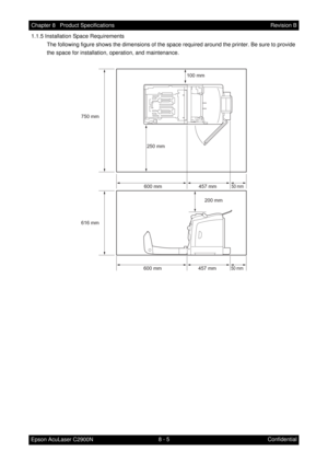 Page 6668 - 5 Chapter 8   Product Specifications
Epson AcuLaser C2900NRevision B
Confidential 1.1.5 Installation Space Requirements
The following figure shows the dimensions of the space required around the printer. Be sure to provide 
the space for installation, operation, and maintenance.
750 mm
616 mm100 mm
200 mm 250 mm
600 mm 457 mm
50 mm
600 mm 457 mm50 mm 