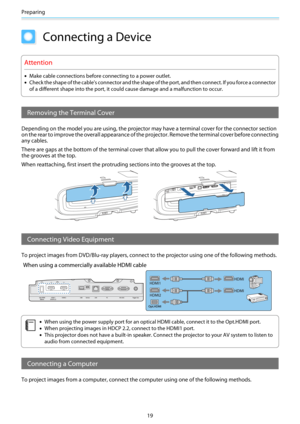 Page 20Preparing
19
Connecting a Device
Attention
•Make cable connections before connecting to a power outlet.
•Check the shape of the cable's connector and the shape of the port, and then connect. If you force a connector
of a different shape into the port, it could cause damage and a malfunction to occur.
Removing the Terminal Cover
Depending on the model you are using, the projector may have a terminal cover for the connector section
on the rear to improve the overall appearance of the projector. Remove...