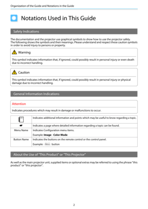 Page 3Organization of the Guide and Notations in the Guide
2
Notations Used in This Guide
Safety Indications
The documentation and the projector use graphical symbols to show how to use the projector safely.
The following shows the symbols and their meanings. Please understand and respect these caution symbols
in order to avoid injury to persons or property.
Warning
This symbol indicates information that, if ignored, could possibly result in personal injury or even death
due to incorrect handling.
Caution
This...