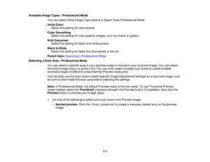 Page 111Available Image Types - Professional Mode
You can select these Image Type options in Epson Scan Professional Mode.
24-bit ColorSelect this setting for color photos.
Color Smoothing Select this setting for color graphic images, such as charts or graphs.
8-bit Grayscale Select this setting for black-and-white photos.
Black & White Select this setting for black text documents or line art.
Parent topic: Scanning in Professional Mode
Selecting a Scan Area - Professional Mode You can select a specific area in...
