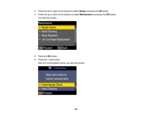 Page 1673. Press the left or right arrow buttons to select
Setupand press the OKbutton.
4. Press the up or down arrow buttons to select Maintenanceand press theOKbutton.
You see this screen:
5. Press the OKbutton.
6. Press the start button. After the nozzle pattern prints, you see this screen:
167 