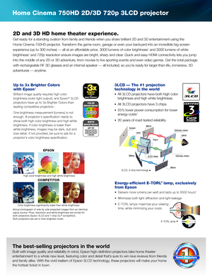 Page 2Home Cinema 750HD 2D/3D 720p 3LCD projector
The best-selling projectors in the world
Built with image quality and reliability in mind, Epson high-definition projectors take home theater 
entertainment to a whole new level, featuring color and detail that’s sure to win rave reviews from friends 
and family alike. With the vivid realism of Epson 3LCD technology, these projectors will make your home 
the hottest ticket in town. 
3LCD — The #1 projection 
technology in the world
•	All 3LCD projectors have...