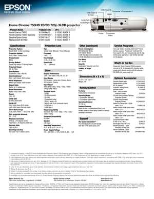 Page 4Home Cinema 750HD 2D/3D 720p 3LCD projector
Epson America, Inc. 
3840 Kilroy Airport Way, Long Beach, CA 90806Epson Canada Limited 
185 Renfrew Drive, Markham, Ontario L3R 6G3 www.epson.com 
www.epson.ca
1
 
Compar
 ed to leading 1-chip DLP Home Entertainment Projectors. Epson 720p projectors are 3  
x Brighter; Epson 1080p pr
 ojectors are consistently 2  
x and up to 3
  
x Brighter
 . Based on NPD data, July 2011 
through June 2012. Color brightness (color light output) measured in accordance with...