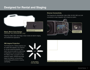 Page 17It can project 
from any angle
17
Diverse Connectivity
The PowerLite Pro Z8455WUNL offers HDMI, HD-SDI, BNC and LAN 
connectivity for easy integration with virtually any system.  
360-degree Projection
The PowerLite Pro Z Series projectors can 
be rotated 360 degrees in any direction
for off-axis positioning fl exibility. As a
result, they can be used for a wide range 
of applications, such as projecting on
the ceiling or fl oor, or as part of a rear-
projection system. EPSON technology 
keeps the...