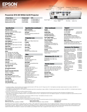 Page 6Specifications	and	terms	are	subject	to	change	without	notice.	EPSOn,	E-TORL,	Instant	Off,	PowerLite	and	Quick	Corner	are	registered	trademarks,	EPSOn	Exceed	Your	Vision	is	a	registered	logomark	and	
Better	Products	for	a	Better	Future	is	a	trademark	of	Seiko	Epson	Corporation.	PrivateLine	is	a	registered	trademark,	Duet	is	a	trademark	and	Epson	Connection	is	a	service	mark	of	Epson	America,	Inc.	Mac	
is	a	trademark	of	Apple	Inc.,	registered	in	the	U.S.	and	other	countries.	SmartWay	is	a	service	mark	of...