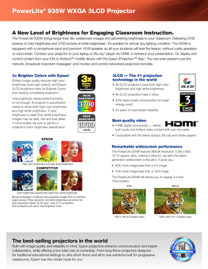 Page 2PowerLite® 935W WXGA 3LCD Projector
The best-selling projectors in the world
Built with image quality and reliability in mind, Epson projectors enhance communication and inspire 
collaboration, while offering a low total cost of ownership. From long-throw projectors designed 
for traditional educational settings to ultra-short-throw and all-in-one solutions built for progressive 
classrooms, Epson has the model made for you.
A New Level of Brightness for Engaging Classroom Instruction.
The PowerLite 935W...