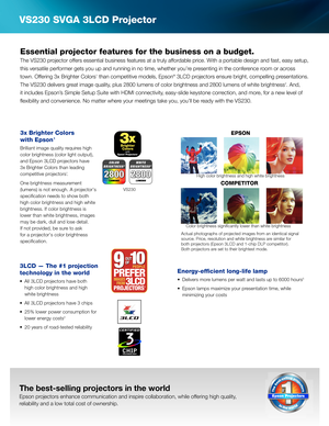 Page 2VS230 SVGA 3LCD Projector 
Energy-efﬁ cient long-life lamp 
•  Delivers more lumens per watt and lasts up to 6000 hours5
•  Epson lamps maximize your presentation time, while minimizing your costs
The best-selling projectors in the world
Epson projectors enhance communication and inspire collaboration, while offering high quality, 
reliability and a low total cost of ownership.
Essential projector features for the business on a budget.
The VS230 projector offers essential business features at a truly...