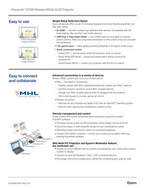 Page 3Specification Sheet | Page 3 of 4 
Simple Setup Suite from Epson 
Epson projectors offer a suite of innovative features that ensure flexible placement and 
fast, easy setup. •  2x HDMI — use with multiple high-definition A/V devices. (Compatible with\
 the 
latest laptops, Blu-ray Disc
® and media players) 
•   USB Plug ‘n Play instant setup — use a USB cable (not included) to instantly 
project content. View your projected presentation on the screen and your computer 
simultaneously 
•   1.6x optical...