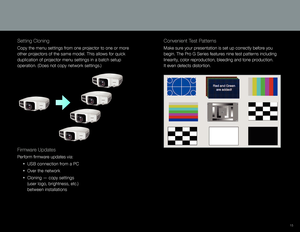 Page 1515
Setting Cloning
Copy the menu settings from one projector to one or more 
other projectors of the same model. This allows for quick 
duplication of projector menu settings in a batch setup 
operation. (Does not copy network settings.)
Firmware Updates
Perform firmware updates via:
 
•  
U
 SB connection from a PC
 

•  
O
 ver the network
 

•  
Clo
 ning — copy settings   
   
(

user logo, brightness, etc.)   
   
b

etween installations
Convenient Test Patterns
Make sure your presentation is set up...