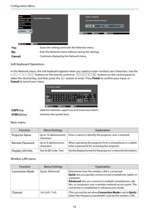 Page 75Configuration Menu
74
Yes:Saves the settings and exits the Network menu.
No:Exits the Network menu without saving the settings.
Cancel :Continues displaying the Network menu.
Soft Keyboard Operations
In the Network menu, the soft keyboard appears when you need to enter numbers and characters. Use the
 buttons on the remote control or  buttons on the control panel to
select the desired key, and then press the 
 button to enter. Press  Finish to confirm your input, or
Cancel  to cancel your input.
CAPS...