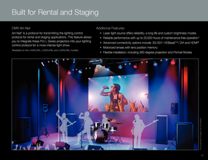 Page 1313
DMX Art-Net
Art-Net* is a protocol for transmitting the lighting control 
protocol for rental and staging applications. This feature allows 
you to integrate these Pro L Series projectors into your lighting 
control protocol for a more intense light show. 
*Available on the L1405U/NL, L1500U/NL and L1505U/NL models. 
Built for Rental and Staging
All projected images are simulated.
Additional Features:
 • Laser light source offers reliability, a long life and custom brightness modes
 

•
 Reliable...