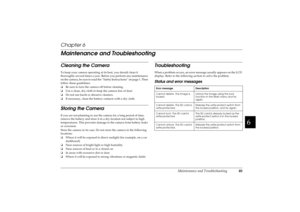 Page 51Maintenance and Troubleshooting
46
R4CC960
User’s Guide Rev. GMAINT.fm A5 size
10/12/04
R
Proof Sign-off:
ABE S. Yamamoto, H. Honda
T. Takahashi
S. Halvorson
6666666666
Chapter 6Maintenance and TroubleshootingCleaning the CameraTo keep your camera operating at its best, you should clean it 
thoroughly several times a year. Before you perform any maintenance 
on the camera, be sure to read the “Safety Instructions” on page 1. Then 
follow these guidelines:
❏Be sure to turn the camera off before cleaning....