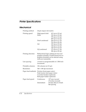 Page 144C-2      Specifications
R4C4590
Rev. C
A5 size SPEC.FM
10/30/00 Pass 1
L
Proof Sign-off:
Takahashi, Kono _______
Takahashi _______
Hoadley _______
Printer Specifications
Mechanical
Printing method: 24-pin impact dot matrix
Printing speed: High-speed draft  413 cps at 10 cpi
Draft  310 cps at 10 cpi 
372 cps at 12 cpi
465 cps at 15 cpi
Draft condensed 264 cps at 17 cpi
310 cps at 20 cpi
LQ 103 cps at 10 cpi
124 cps at 12 cpi
155 cps at 15 cpi
LQ condensed 175 cps at 17 cpi
206 cps at 20 cpi
Printing...