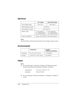 Page 148C-6      Specifications
R4C4590
Rev. C
A5 size SPEC.FM
10/30/00 Pass 1
L
Proof Sign-off:
Takahashi, Kono _______
Takahashi _______
Hoadley _______
Electrical
Note:
Check the label on the back of the printer for the voltage of your printer.
Environmental
Paper
Note:
o
Use recycled paper, postcards, envelopes, and labels only under 
normal temperature and humidity conditions, as follows:
o
Do not load paper that has been folded or is damaged, wrinkled, or 
curled.
120 V Model 220 to 240 V Model
Input...