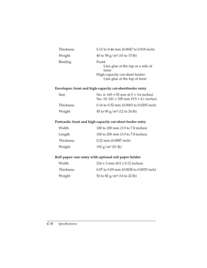 Page 150C-8      Specifications
R4C4590
Rev. C
A5 size SPEC.FM
10/30/00 Pass 1
L
Proof Sign-off:
Takahashi, Kono _______
Takahashi _______
Hoadley _______
Envelopes: front and high-capacity cut-sheetfeeder entry
Postcards: front and high-capacity cut-sheet feeder entry
Roll paper: rear entry with optional roll paper holderThickness 0.12 to 0.46 mm (0.0047 to 0.018 inch)
Weight 40 to 58 g/m² (10 to 15 lb)
Binding Front:
Line glue at the top or a side of
form
High-capacity cut-sheet feeder:
Line glue at the top of...