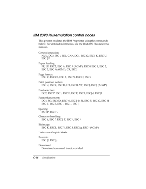 Page 158C-16      Specifications
R4C4590
Rev. C
A5 size SPEC.FM
10/30/00 Pass 1
L
Proof Sign-off:
Takahashi, Kono _______
Takahashi _______
Hoadley _______
IBM 2390 Plus emulation control codes
This printer emulates the IBM Proprinter using the commands 
below. For detailed information, see the IBM 2390 Plus reference 
manual.
General operation:
NUL, DC3, ESC j, BEL, CAN, DC1, ESC Q, ESC [ K, ESC U, 
ESC [ F
Paper feeding:
FF, LF, ESC 5, ESC A, ESC A (AGM*), ESC 0, ESC 1, ESC 2, 
ESC 3, ESC 3 (AGM*), CR, ESC ]...