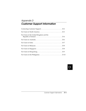 Page 159D
Customer Support Information      D-1
R4C4590
Rev. C
A5 size CUSTOMER.FM
10/30/00 Pass 1
R
Proof Sign-off:
Takahashi, Kono _______
Takahashi _______
Hoadley _______
Appendix D
Customer Support Information
Contacting Customer Support . . . . . . . . . . . . . . . . . . . . . . . . . . . . . D-2
For Users in North America . . . . . . . . . . . . . . . . . . . . . . . . . . . . . . . D-3
For Users in the United Kingdom and the 
Republic of Ireland . . . . . . . . . . . . . . . . . . . . . . . . . . . . ....