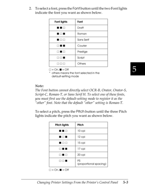 Page 1235
Changing Printer Settings From the Printer’s Control Panel      5-3
2. To select a font, press the 
Font button until the two Font lights 
indicate the font you want as shown below.
Note:
The Font button cannot directly select OCR-B, Orator, Orator-S, 
Script-C, Roman-T, or Sans Serif H. To select one of these fonts, 
you must first use the default-setting mode to register it as the 
“other” font. Note that the default “other” setting is Roman-T.
To select a pitch, press the 
Pitch button until the...