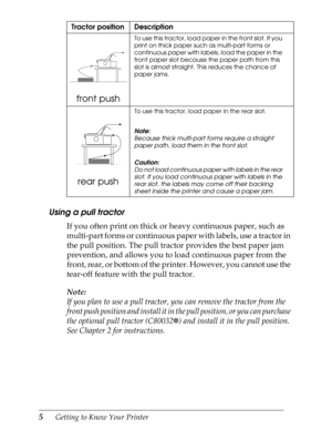 Page 175      Getting to Know Your Printer
Using a pull tractor
If you often print on thick or heavy continuous paper, such as 
multi-part forms or continuous paper with labels, use a tractor in 
the pull position. The pull tractor provides the best paper jam 
prevention, and allows you to load continuous paper from the 
front, rear, or bottom of the printer. However, you cannot use the 
tear-off feature with the pull tractor.
Note:
If you plan to use a pull tractor, you can remove the tractor from the 
front...