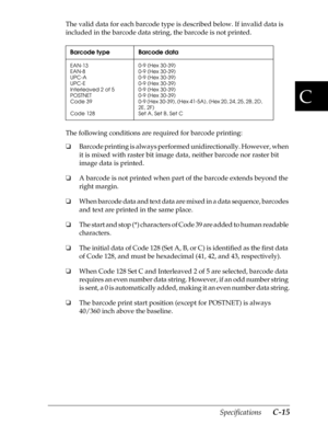 Page 199C
Specifications      C-15
The valid data for each barcode type is described below. If invalid data is 
included in the barcode data string, the barcode is not printed.
The following conditions are required for barcode printing:
o
Barcode printing is always performed unidirectionally. However, when 
it is mixed with raster bit image data, neither barcode nor raster bit 
image data is printed.
o
A barcode is not printed when part of the barcode extends beyond the 
right margin.
o
When barcode data and...