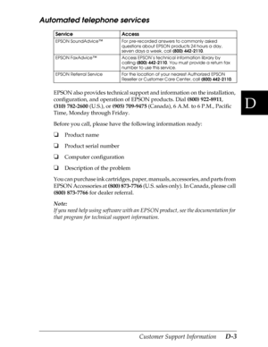 Page 215D
Customer Support Information      D-3
Automated telephone services
EPSON also provides technical support and information on the installation, 
configuration, and operation of EPSON products. Dial (800) 922-8911
, 
(310) 782-2600
 (U.S.), or (905) 709-9475
 (Canada), 6 A.M. to 6 P.M., Pacific 
Time, Monday through Friday.
Before you call, please have the following information ready:
oProduct name
oProduct serial number
oComputer configuration
oDescription of the problem
You can purchase ink cartridges,...