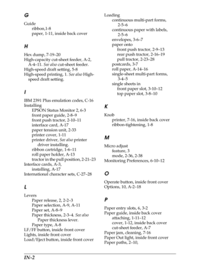 Page 227IN-2      
G
Guide
ribbon,1-8
paper, 1-11, inside back cover
H
Hex dump, 7-19–20
High-capacity cut-sheet feeder, A-2, 
A-4–11. See also cut-sheet feeder.
High-speed draft setting, 5-8
High-speed printing, 1. See also High-
speed draft setting.
I
IBM 2391 Plus emulation codes, C-16
Installing
EPSON Status Monitor 2, 6-3
front paper guide, 2-8–9
front push tractor, 2-10–11
interface card, A-17
paper tension unit, 2-33
printer cover, 1-11
printer driver, See also printer 
driver installing.
ribbon...