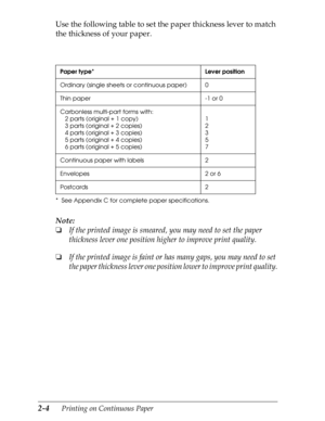 Page 492-4      Printing on Continuous Paper
Use the following table to set the paper thickness lever to match 
the thickness of your paper.
Note:
o
If the printed image is smeared, you may need to set the paper 
thickness lever one position higher to improve print quality.
o
If the printed image is faint or has many gaps, you may need to set 
the paper thickness lever one position lower to improve print quality.
Paper type* Lever position
Ordinary (single sheets or continuous paper) 0
Thin paper -1 or 0...