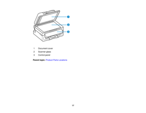 Page 17

1
 Document
cover
 2
 Scanner
glass
 3
 Control
panel
 Parent
topic:Product PartsLocations
 17  