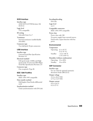 Page 69Specifications69
SCSI Interface
Interface type
ANSI X3T9.2/375R Revision 10L 
(SCSI 2)
Logic level
TTL-compatible
ID setting
Selectable from 0 to 7
Terminator
Internal terminator (enable/disable
selectable)
Connector type
Two half pitch 50-pin connectors
USB Interface
Interface type
Universal Serial Bus Specification
Revision 2.0
Electrical standard
Full speed mode (12Mb) and High 
speed mode of Universal (480 Mbps)
Serial Bus Specification Revision 2.0
Connector type
One receptacle (Type B)
IEEE 1394...