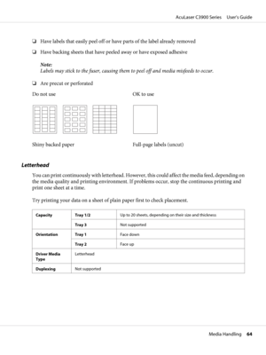 Page 64❏Have labels that easily peel off or have parts of the label already removed
❏Have backing sheets that have peeled away or have exposed adhesive
Note:
Labels may stick to the fuser, causing them to peel off and media misfeeds to occur.
❏Are precut or perforated
Do not use OK to use
Shiny backed paper Full-page labels (uncut)
Letterhead
You can print continuously with letterhead. However, this could affect the media feed, depending on
the media quality and printing environment. If problems occur, stop the...