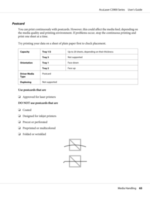 Page 65Postcard
You can print continuously with postcards. However, this could affect the media feed, depending on
the media quality and printing environment. If problems occur, stop the continuous printing and
print one sheet at a time.
Try printing your data on a sheet of plain paper first to check placement.
Capacity Tray 1/2Up to 20 sheets, depending on their thickness
Tray 3Not supported
Orientation Tray 1Face down
Tray 2Face up
Driver Media
TypePostcard
DuplexingNot supported
Use postcards that are...