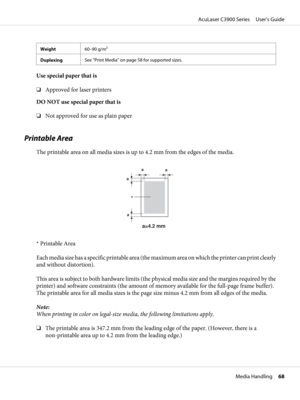 Page 68Weight60–90 g/m2
DuplexingSee “Print Media” on page 58 for supported sizes.
Use special paper that is
❏Approved for laser printers
DO NOT use special paper that is
❏Not approved for use as plain paper
Printable Area
The printable area on all media sizes is up to 4.2 mm from the edges of the media.
a
a
a
a
a=4.2 mm 
*
* Printable Area
Each media size has a specific printable area (the maximum area on which the printer can print clearly
and without distortion).
This area is subject to both hardware limits...