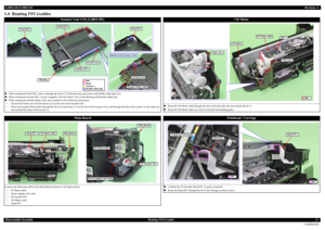 Page 31L200/L201/L100/L101Revision ADisassembly/AssemblyRouting FFCs/cables31
Confidential1.4 Routing FFCs/cables
Scanner Unit /CIS (L200/L201)
„When routing the Panel FFC, route it through the ribs (x7) of the Housing, and secure with double-sided tape (x3).
„When routing the Scanner FFC, secure it together with the Ferrite Core on the Housing with double-sided tape.
„When routing the Scanner Motor cable, pay attention to the following instructions.
• Secure the Ferrite core with the hooks (x2) on the rear of...