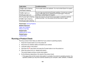 Page 139

Light
status
 Condition/solution

The
inkpads need tobe replaced. Youmust contact Epsonforsupport.
 The
inklight isflashing
 The
lightisflashing
 An
error hasoccurred duringfirmware updating. Connectyourproduct
 The
inklight ison
 using
aUSB cable andtryupdating thefirmware again.Ifthe error
 The
paperlightison
 continues,
contactEpsonforsupport.
 Open
thescanner unitand remove anypaper orprotective materials
 The
powerlightisflashing
 inside
theprinter. Turntheproduct offand then back onagain.
 The...