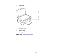 Page 14

5
 Edge
guide
 1
 Document
cover
 2
 Scanner
glass
 3
 Control
panel
 Parent
topic:Product PartsLocations
 14  