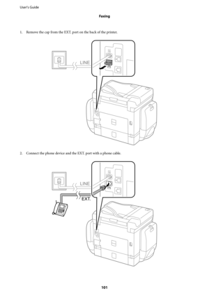 Page 1011. Remove the cap from the EXT. port on the back of the printer.
2. Connect the phone device and the EXT. port with a phone cable.
User's Guide
Faxing
101 